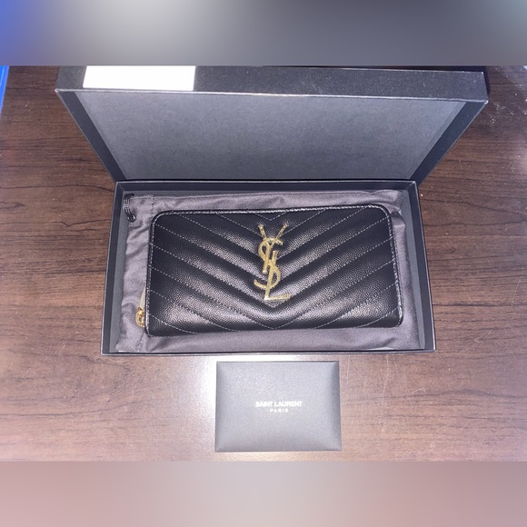 NWT YSL BLACK Monogram Grain De Poudre Zip-Around Wallet - Picture 6 of 12